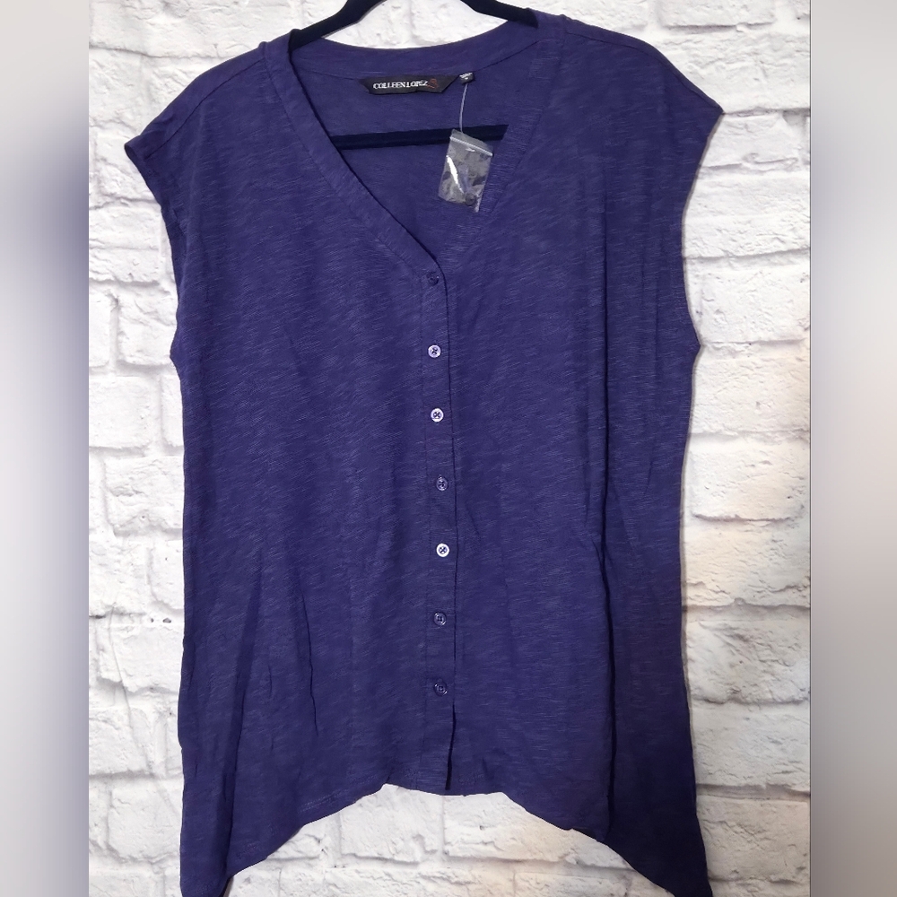 NWOT Colleen Lopez Deep Navy Women's Cap Sleeve Button Down Top